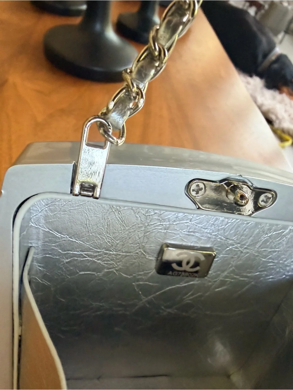 Fashion Chanel Silver Crystal 'CC' Clutch w Silver Tone Leather Link Chain NEW